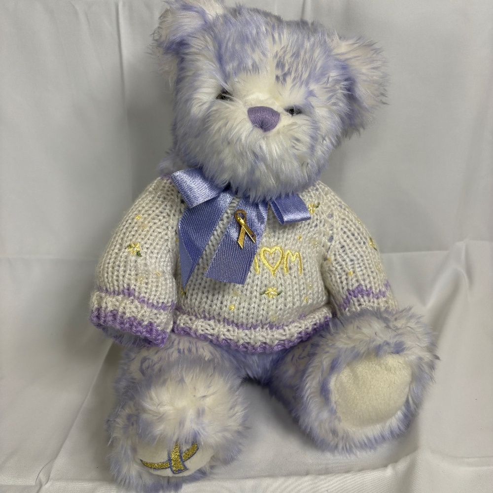 Vtg BAB Build A Bear Nikki's Bear Purple Ribbon/Pin Child Cancer w/Mom Sweater